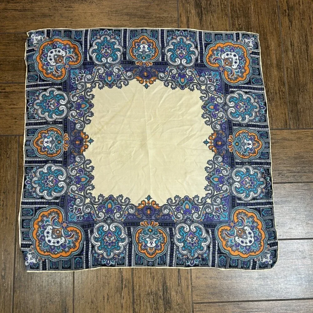 Vintage 100% Silk Colorful Edge Oversized Foulard Paisley Hand Rolled Scarf